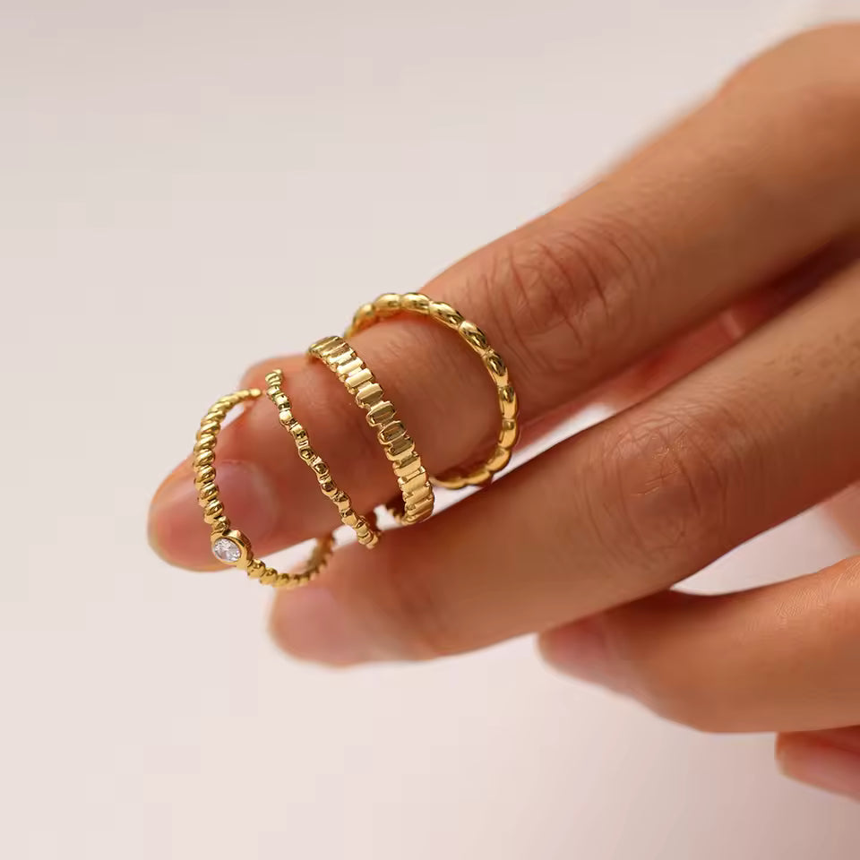 Gold rings on a finger against a plain background-Waterproof Gold Plated - Adjustable Ring -Jewellery
